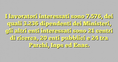 I lavoratori interessati sono 7.576, dei quali 3.236 dipendenti dei Ministeri, gli altri enti interessati sono 21 centri di ricerca, 20 enti pubblici e 24 tra Parchi, Inps ed Enac.