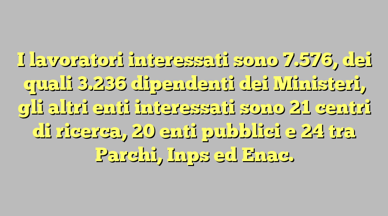 I lavoratori interessati sono 7.576, dei quali 3.236 dipendenti dei Ministeri, gli altri enti interessati sono 21 centri di ricerca, 20 enti pubblici e 24 tra Parchi, Inps ed Enac.