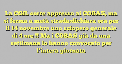 La CGIL corre appresso ai COBAS, ma si ferma a metà strada:dichiara ora per il 14 novembre uno sciopero generale di 4 ore !!  Ma i COBAS già da una settimana lo hanno convocato per l’intera giornata