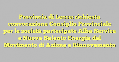 Provincia di Lecce: richiesta convocazione Consiglio Provinciale per le società partecipate Alba Service e Nuova Salento Energia del Movimento di Azione e Rinnovamento