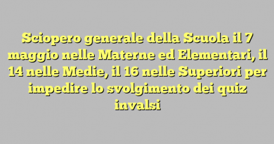 Sciopero generale della Scuola il 7 maggio nelle Materne ed Elementari, il 14 nelle Medie, il 16 nelle Superiori per impedire lo svolgimento dei quiz invalsi