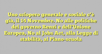 Uno sciopero generale e sociale c’è già, il 14 Novembre. No alle politiche del governo Renzi e dell’Unione Europea, No al Jobs Act, alla Legge di stabilità, al Piano-scuola