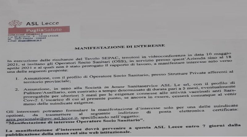 scorrimento e utilizzo graduatoria per n.159 pulitori Sanitàservice – Asl di Lecce